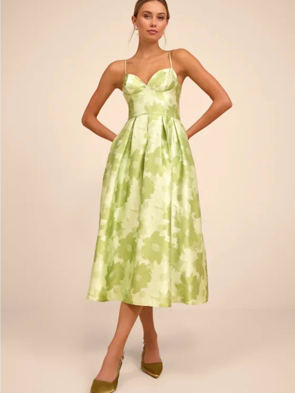 Green Floral Midi A-Line Dress with Spaghetti Straps